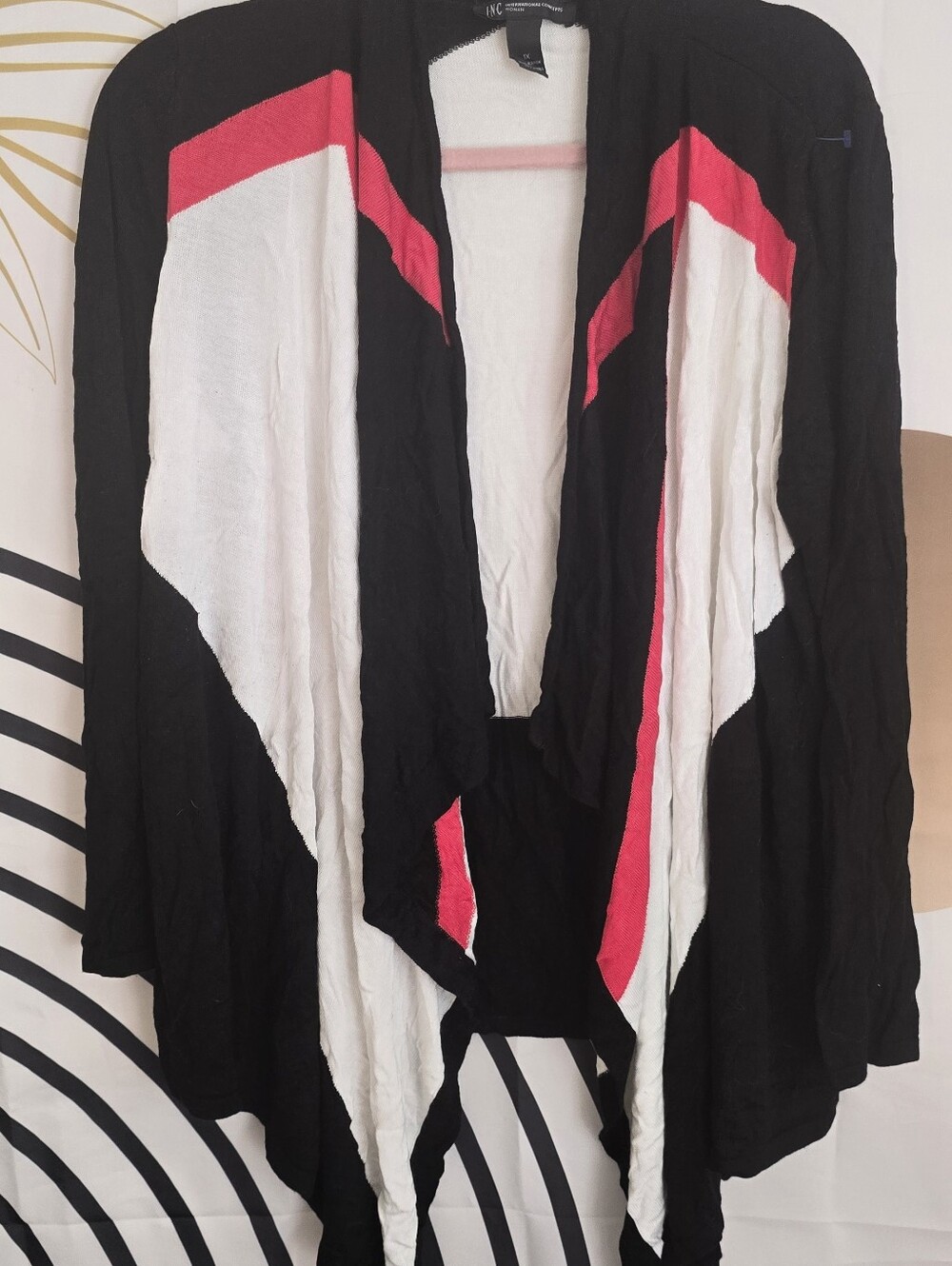 Lightweight Black Open-Front Jacket with White and Pink Accents